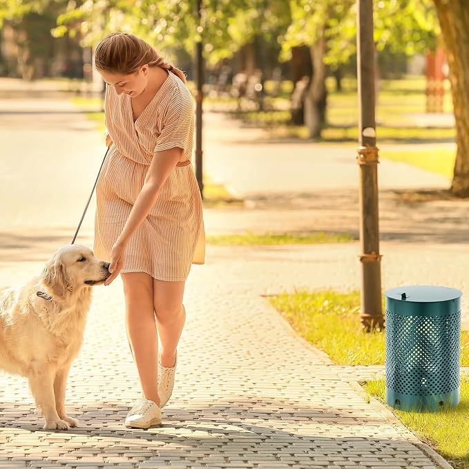 Dansydaisy Round Outdoor 5 Gallon Capacity Trash Can with Lid for Dog Waste Station - Rust Free UV Powder Coated - Designed to Mount on Any Post or Wall (Green)
