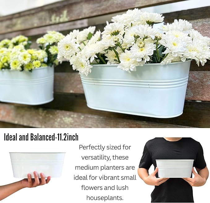 LaLaGreen Outdoor Plants Rail Planter (11.2 Inch, 12 Pack) White Metal Iron Hanging Flower Pots Deck Railings Fence Balcony Modern Boho Style Wall Mount Window Box Plant Holder Hooks Porch Home Décor