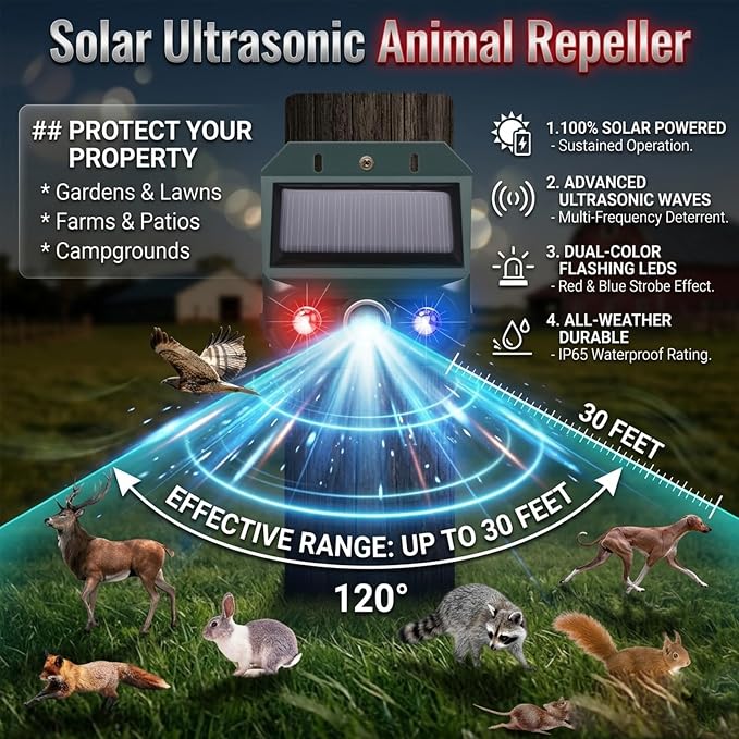 4 Packs Solar Nocturnal Animal Repeller,Ultrasonic Coyote Deterrent Outdoor for Yard Farm,Predator Lights with Red&Blue for Bird,Effective Deer Repellent Outdoor for Chicken Coop