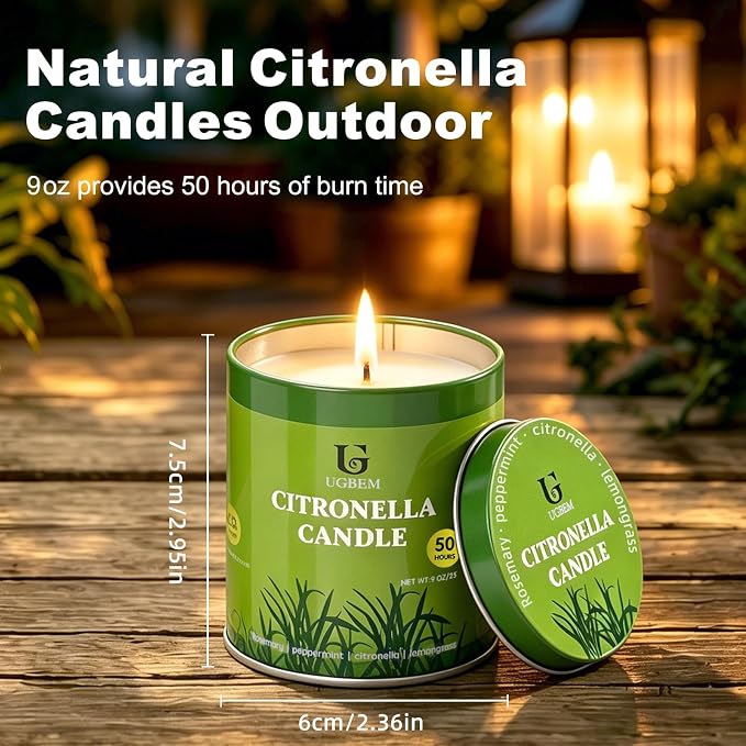 Citronella Candles Outdoor, Natural Soy Wax Outdoor Candles for Patio Backyard Garden Camping, Citronella Essential Oil Blend with Rosemary Peppermint & Lemongrass, 50 Hour Burn Time, 2 Pack 9oz