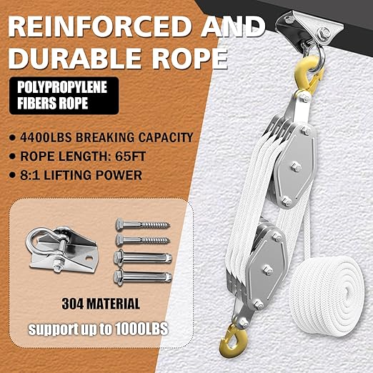 YATOINTO Rope Pulley Hoist 4400 LB, 8:1 Power Pulley Block and Tackle System, Pulley Block 65ft, Rope Hoist for Garage Warehouse Constructions with 1 Swing Hanger 2 Screws 2 Expansion Bolts