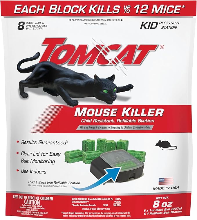 Tomcat Mouse Killer Refillable Bait Station for Indoor Use - Child Resistant, 1 Station with 8 Baits (Bag)