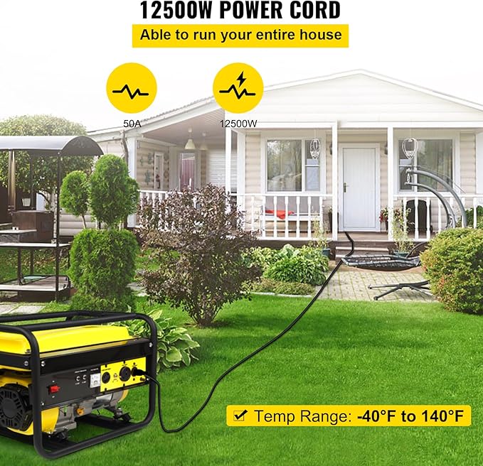 VEVOR 15-Foot 50 Amp Heavy Duty Generator Extension Cord, 6/3+8/1 Gauge STW, 125V/250V 4-Wire NEMA 14-50P to SS2-50R, 12500W Power Cord with Handle for RV, EV, Transfer Switch