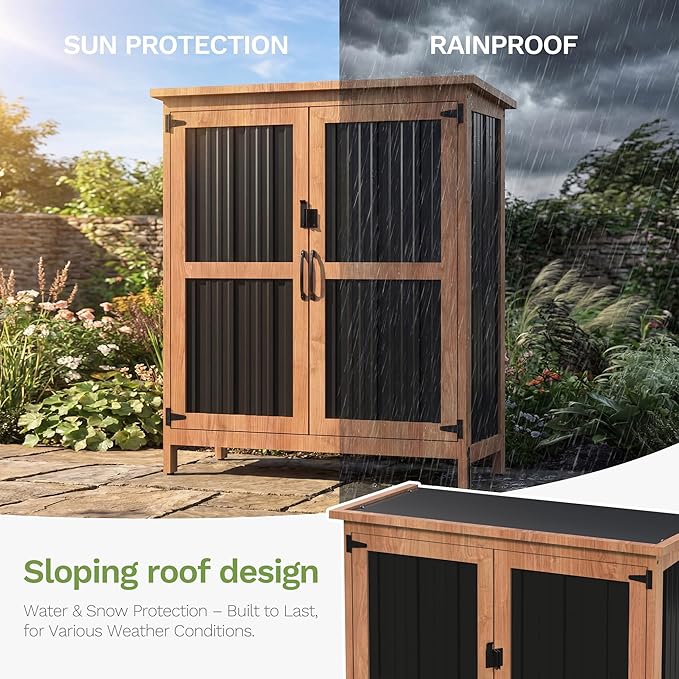 Greesum Outdoor Storage Cabinet with Adjustable Shelf, Wood & Metal Garden Storage with Lockable Doors, Weatherproof Shed for Tools, Lawn Equipment, Pool Accessories, Black