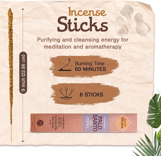 Sagrada Madre 8pcs Wildly Harvested Thick Palo Santo Incense Sticks (Copal), 9” Long - Eco Friendly, Non-Toxic, Aromatic Incense Sticks (1hr Burning Time) to Heal & Calm Your Body and Environment