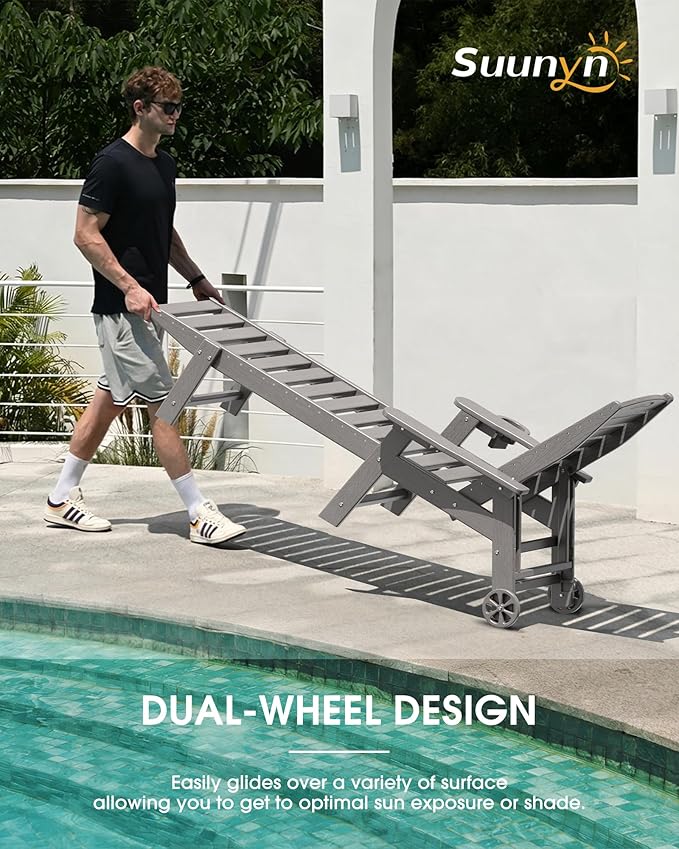 Lounge Chair Outdoor Set of 2, HDPE Chaise Lounge Outdoor with 5-Position & Wheels &Cup Holder, Pool Lounge Chair for Pool Poolside Deck Backyard Patio, Light Grey