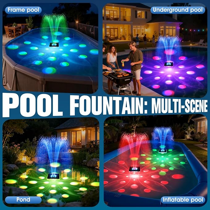 Patent Solar Fountain,Floating Solar Pool Fountain with 9 Lights&Anchor,Large Solar Powered Water Fountain for Above Ground Pool Fountain Pump, Waterproof Floating Fountain for Pool-Dark Blue