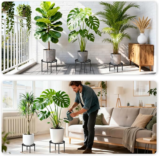 TOSKING 3-Pack Fully Assembled Heavy Duty Low Metal Plant Stand for Indoor & Outdoor – Original Geometric Flower Pot Holder for Heavy Potted Plant, Rustproof Iron Riser with Adjustable Feet, 200 LBS & 150 LBS, No Installation, Black (10.24" & 8.66" Dia)