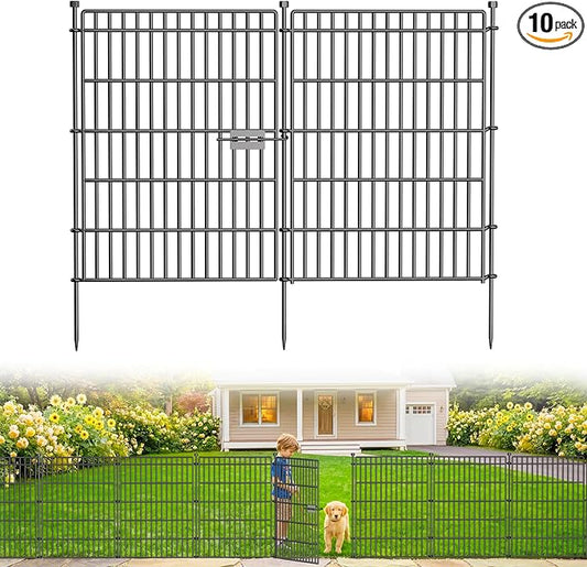 10 Panels No Dig Garden Fence with Gate, 34in(H) × 22.5ft(L) Decorative Metal Outdoor Dog Fence, Rustproof Pet Fencing for Yard, Patio, Flower Bed -Temporary Fencing| Easy to Install