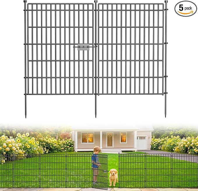 5 Panels No Dig Garden Fence with Gate, 34in(H) × 11.25ft(L) Decorative Metal Outdoor Dog Fence, Rustproof Pet Fencing for Yard, Patio, Flower Bed -Temporary Fencing| Easy to Install