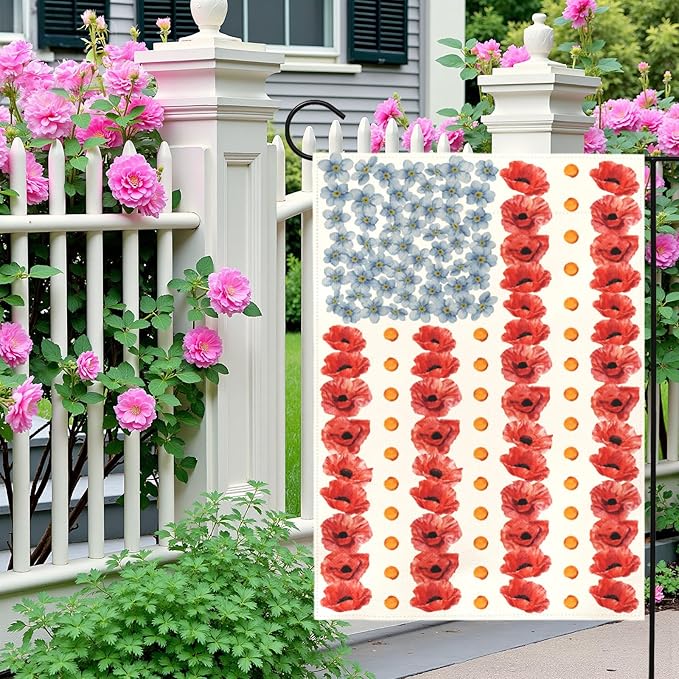 Patriotic Poppy Garden Flags American Flag Floral Yard Flags Double Sided Memorial Day Independence Day House Banner for Fourth of July Remembrance All Season Home Lawn Porch Decor 12x18 Inch