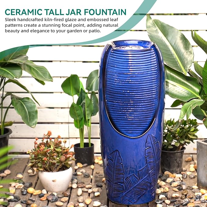AUTODAYA 33" Tall Outdoor Garden Fountain with LED Lights, Modern Ceramic Jar Water Fountain, 3D Tropical Leaf Pattern, Cobalt Blue Glaze, Soothing Cascading Waterfall for Relaxing Patio, Yard, Porch