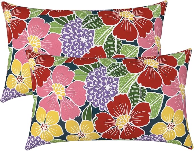 LVTXIII Set of 2 Patio Lumbar Pillows, 12" x 20" Fade Resistant Outdoor Lumbar Pillow with Inners, Fluffy Decorative Garden Lumbar Cushions for Home Patio Coach Sofa Use, Flower Bloom