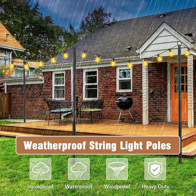 4 Pack String Light Pole,Metal Poles for Hanging Outdoor Light Strings,4 Pack 10 FT Light Poles Stand for Outside Garden,Patio,Wedding,Backyard,Deck,Party
