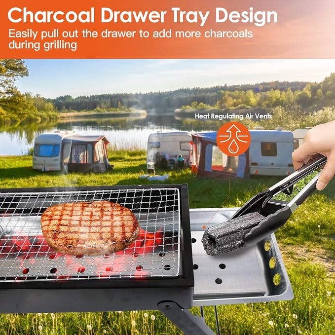 Foldable Charcoal Grill, Portable BBQ Grill with Stainless Steel Grill Net, Easy Setup Tabletop Barbecue for Camping Picnic Outdoor Party Backyard (22 x 9 x12in)
