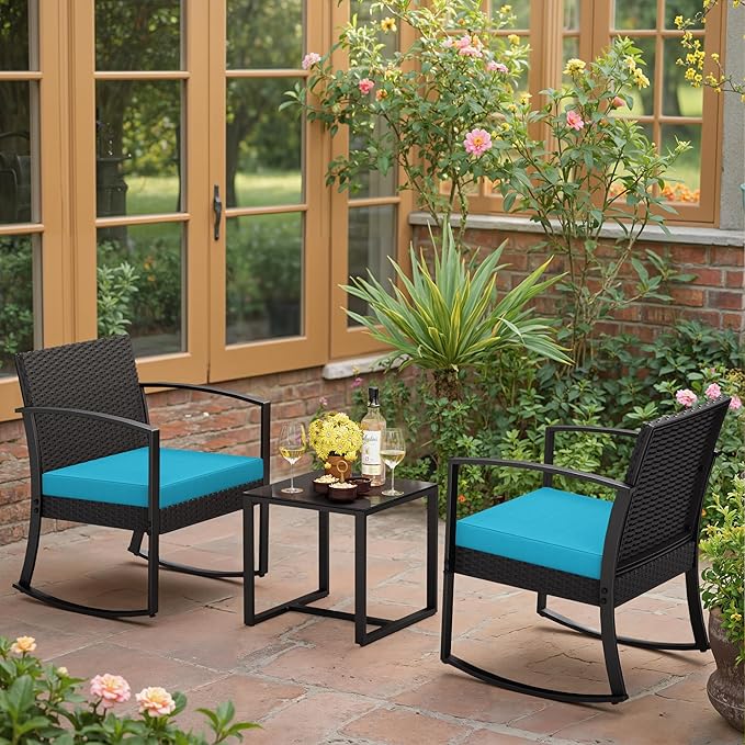 Greesum 3 Piece Outdoor Bistro Set, Imitation Rattan Conversation Set, Patio Furniture with Glass Top Coffee Table for Pool, Deck, Porch, Garden or Balcony, Bright Blue