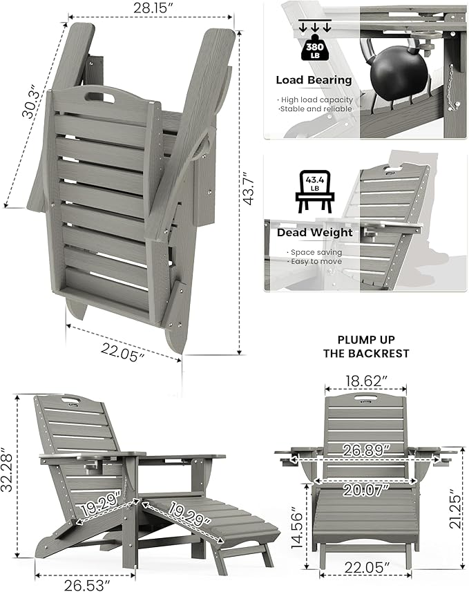 Ciokea Folding Adirondack Chair Set of 6 with Retractable Ottoman Fire Pit Patio Chair with Pull Out Foot Rest Weather Resistant Lawn Outdoor Chair with 2 Cup Holder (Grey)