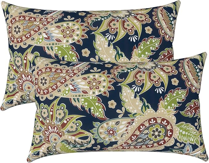 LVTLVTXIII 12×20 Inch Outdoor Lumbar Pillows, Pack of 2 Water Repellent Lumbar Pillow with Inserts, Fluffy Decorative Garden Lumbar Cushions for Home Patio Coach Sofa Use, Paisley Sapphire Blue