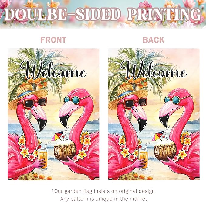 Welcome Garden Flag Flamingo Tropical Beach Scene Yard Flags Summer Coastal Island Double Sided Polyester Pink Flamingo House Flags for Lawn Pool Palm Tree Seaside Home Decor 28 x 40 Inch