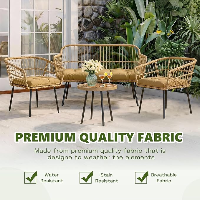 Wicker Chair Cushions Set, 2 U-Shaped Cushions & 1 Loveseat, Waterproof Outdoor Loveseat Cushion for Patio Furniture, Settee Bench Pad All Weather,Khaki