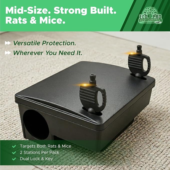 Mouse Bait Station 2 Pack Medium Size, Tamper Resistant Lockable Bait Boxes Indoor Outdoor, High Capacity Mid Size Rodent Bait Box with Key, Reusable Weather Resistant Pest Control