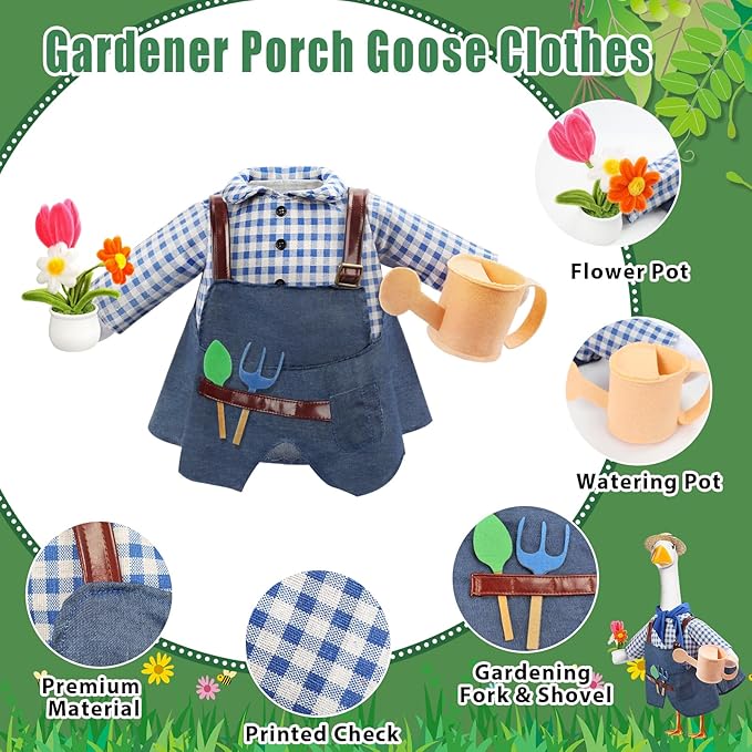 GJL Gardener Porch Goose Outfit Fits 23 Inch Cement Plastic Goose Statue, 2-Piece Porch Goose Clothes with Hat, Tools, Scarf, Watering Can & Flower Pot Design for Spring Summer Outdoor Garden Decor