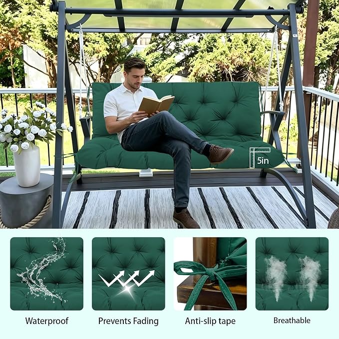 5" Thick Waterproof Porch Swing Cushion 48 x 40 in 3 Seater Replacement Outdoor Swing Cushions with Back Support Patio Swing Cushion for Outdoor Bench Furniture