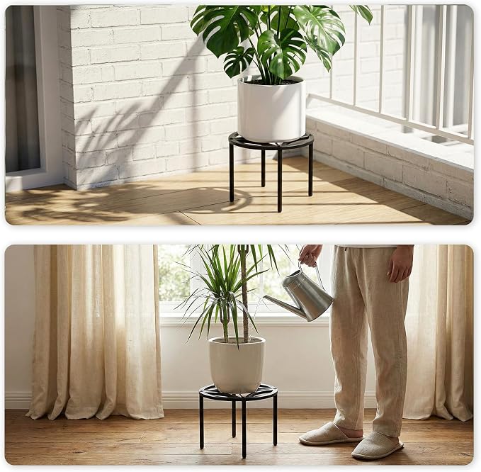 TOSKING Heavy Duty Metal Plant Stand – 120 lbs Capacity, 10.2" Modern Geometric Pattern Round Stand for Medium to Large Pots, 4 Adjustable Feet & Rustproof, Indoor/Outdoor, Black (10.2" D x 7.9" H)
