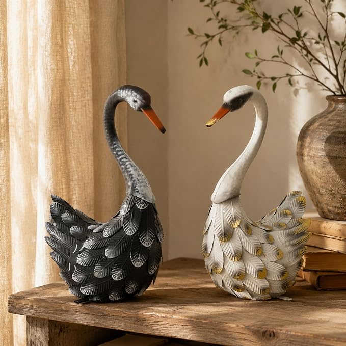 19" Swan Statue Set of 2, Handcrafted Lifelike Metal Swan Sculptures with Ground Stakes, Weatherproof Large Swan Figurines for Garden Patio Yard Decor, Gifts for Women Wedding Housewarming