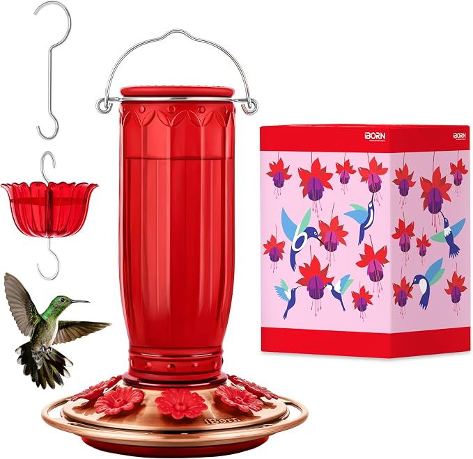 iBorn Glass Hummingbird Feeder for Outdoors Hanging,8 Ports for 16oz,Red+19.5” Oversized Birdfeeder Baffle, Squirrel Defender,Chew-Proof PC, Transparent