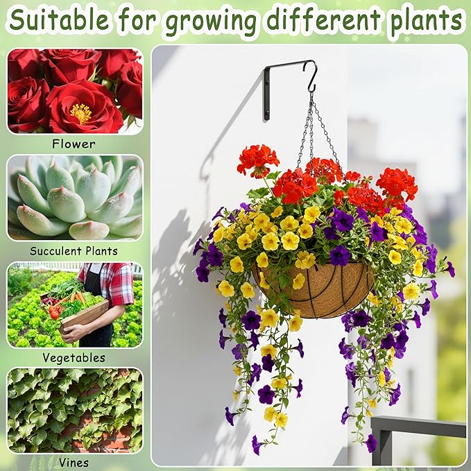 4pcs 14 inch Metal Hanging Baskets Round Wire Plant Stand with Coco Lining Cushion Decorative Planter Hanger Garden Indoor Outdoor Watering Hanging Basket （DQ）