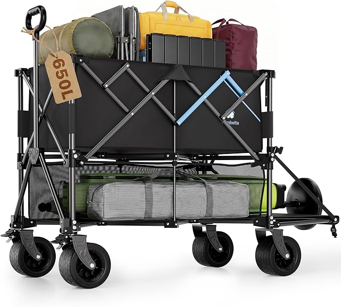 52" Heavy Duty Double Decker Wagon, 650L Collapsible Folding Wagon Cart with Brakes, 560 lbs Load, All-Terrain Big Wheels for Camping, Fishing, Sports and Transport, Black