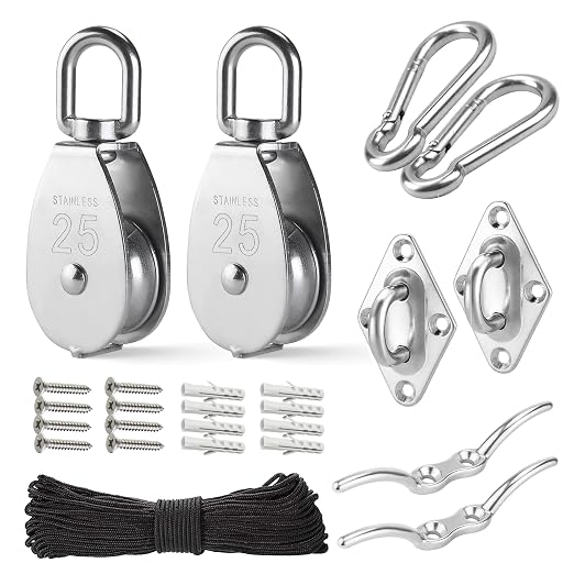 LAIWOO M25 Stainless Steel Pulley System Kit-Heavy-Duty Pulley Wheel, Pulley Block with Nylon Rope, Hooks, Eye Pad Plate, and Rope Cleat - Ideal for Lifting, DIY Projects, and Clothesline (2 Pack)