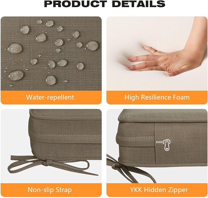 Unimatta Square Corner Seat Cushions, 19" x 19" x 3", Set of 4, Indoor Outdoor Water Repellent Universal Chair Pads with Ties for Patio Furniture, Garden Dining Chairs, Coffee Brown