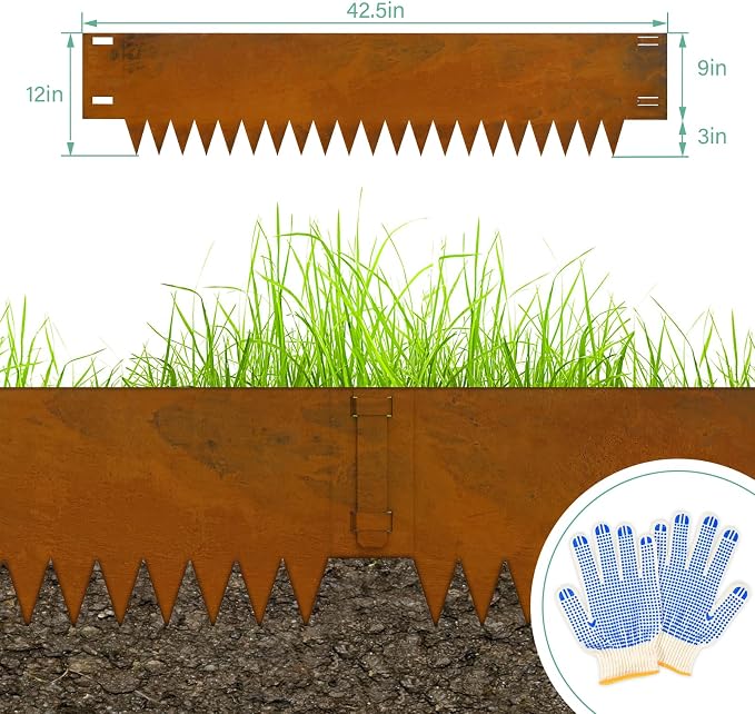 Co rten Steel Landscape Edging 12 Inch Tall 6 Packs, Metal Edging with 6 Clips and a Pair of Gloves for Pre-Rusted