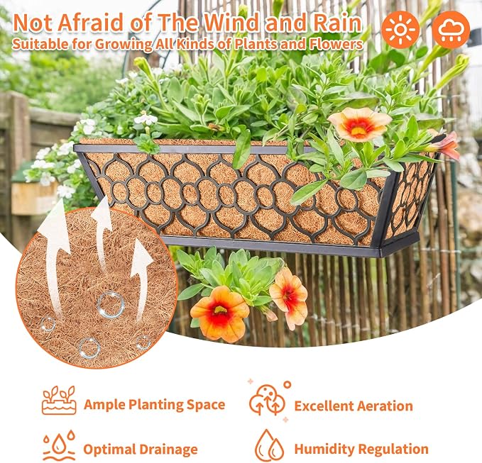 Riare 4 Pack 16 Inch Window Boxes Planters with Coco Liner, Metal Deck Railing Planter Boxes, Balcony Planters Railing Hanging, Horse Trough Window Flower Planter Boxes for Outdoor Porch Fence Patio