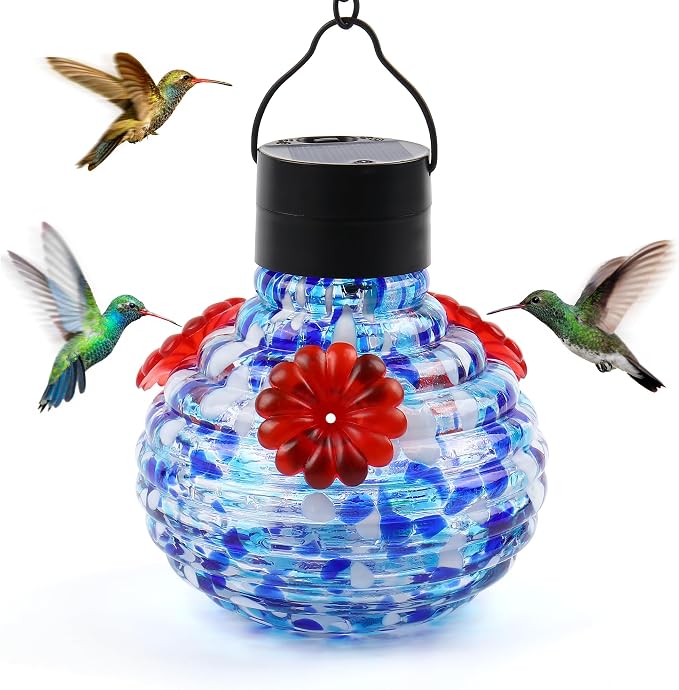 VOREEN Hand Blown Glass Solar Hummingbird Feeder, 17oz Waterproof Hanging Bird Feeder with LED Light, Easy to Clean, Durable Colorful Garden Decorative for Outdoor Yard Patio