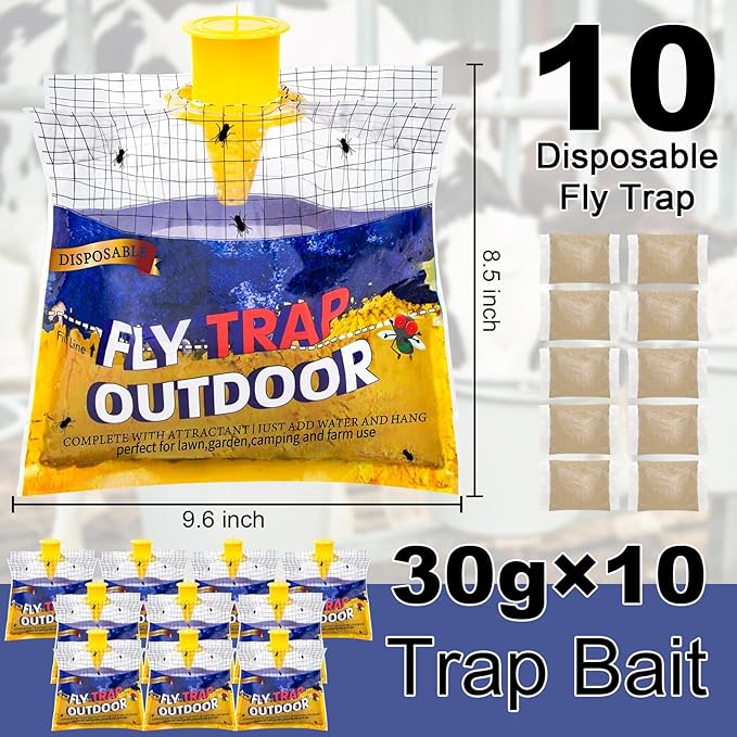Disposable Fly Traps 10 Pack Bags Outdoor, Flies Catcher Traps with Natural Pre-Bait Refill Repellent, Reusable Stable Horse Ranch Trapper Outdoor Hanging Fly Killer Helps Control Flies