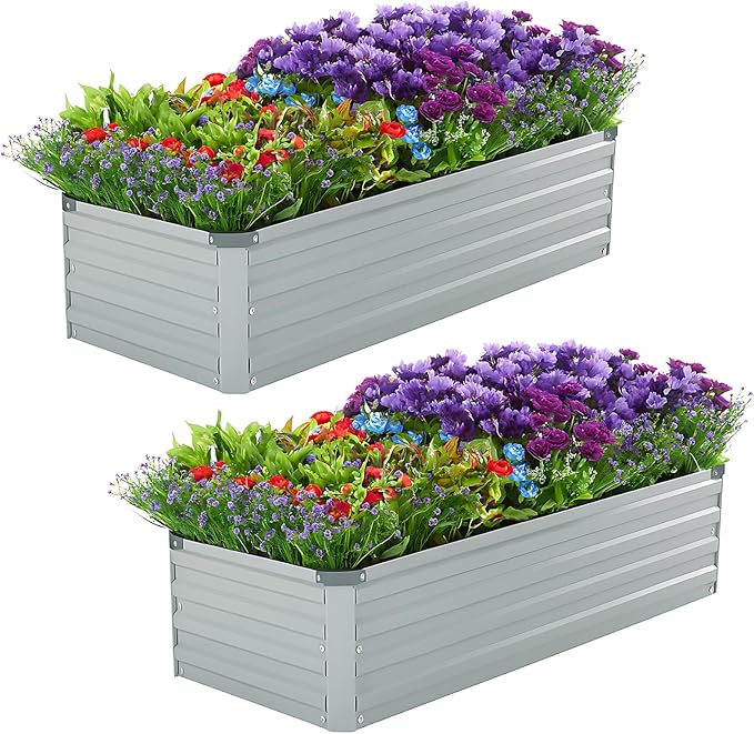 Meberam 2 Pack 4x2x1FT Galvanized Raised Garden Bed Kit, Outdoor Metal Planter Box for Vegetables, Bottomless Rectangular Gardening Bed with Support Rods, Tool-Free Assembly, Gray
