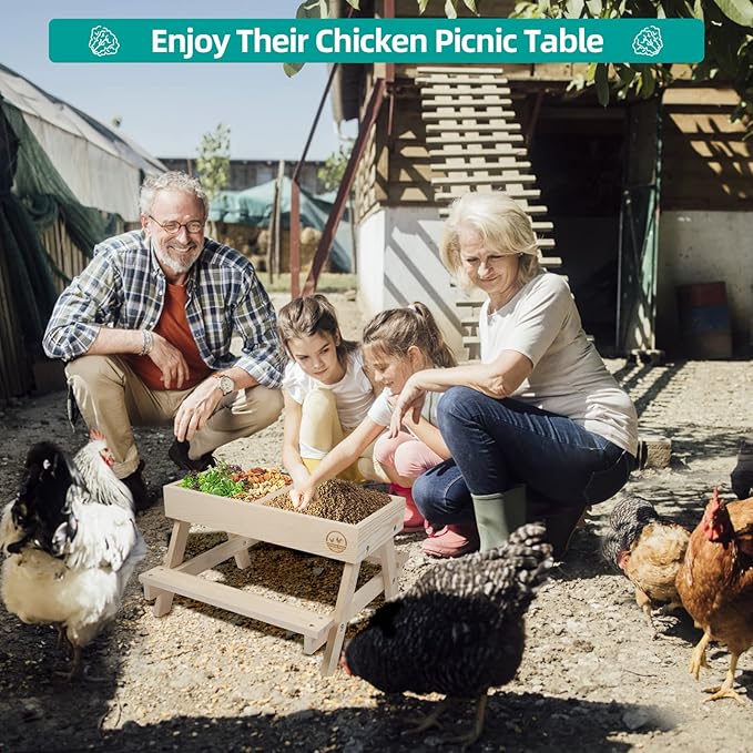 Chicken Picnic Table No Waste, Large Chicken Feeder Handmade Wooden, DIY Chicken Table Feeder Kit, Wild Bird, Duck & Squirrel Feeders No Mess, Mesh Bottom Keep Food Fresh and Dry Easy to Clean Fill