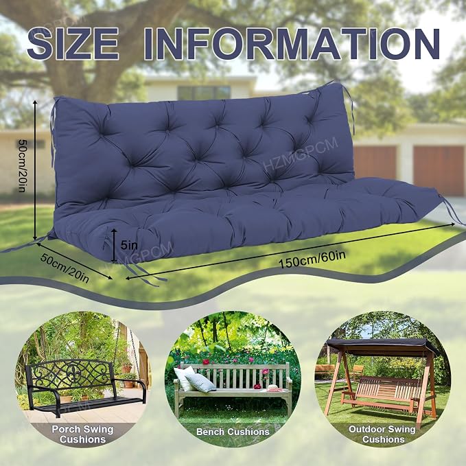 Extra Thick 5" Waterproof Porch Swing Cushions Outdoor 60 inch Swing Cushions 3 Seater Replacement with Backrest and Ties for Outdoor Furniture Patio Bench Garden(Navy Blue)