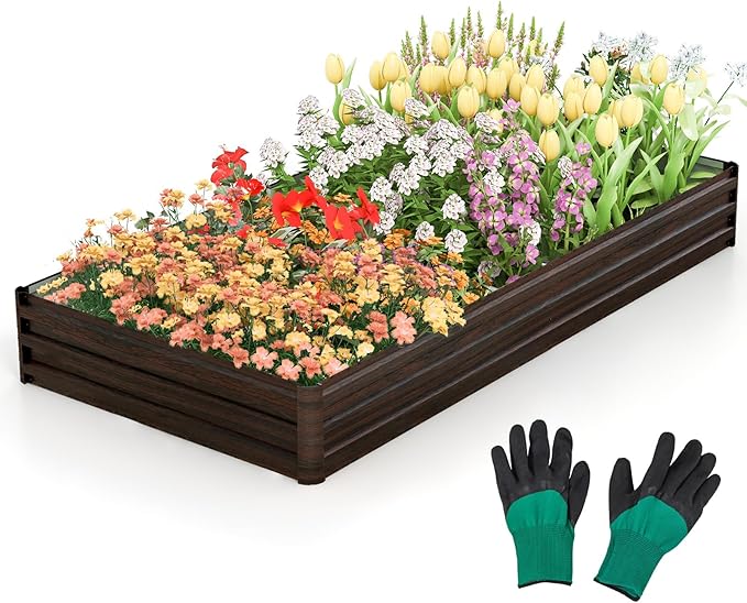 Giantex 8x4x1ft Metal Raised Garden Bed, Planter Box with Protective Edges, Gloves, Outdoor Raised Bed for Vegetables, Flowers, Fruit, Herb, Plant Garden Container for Lawn Backyard Patio