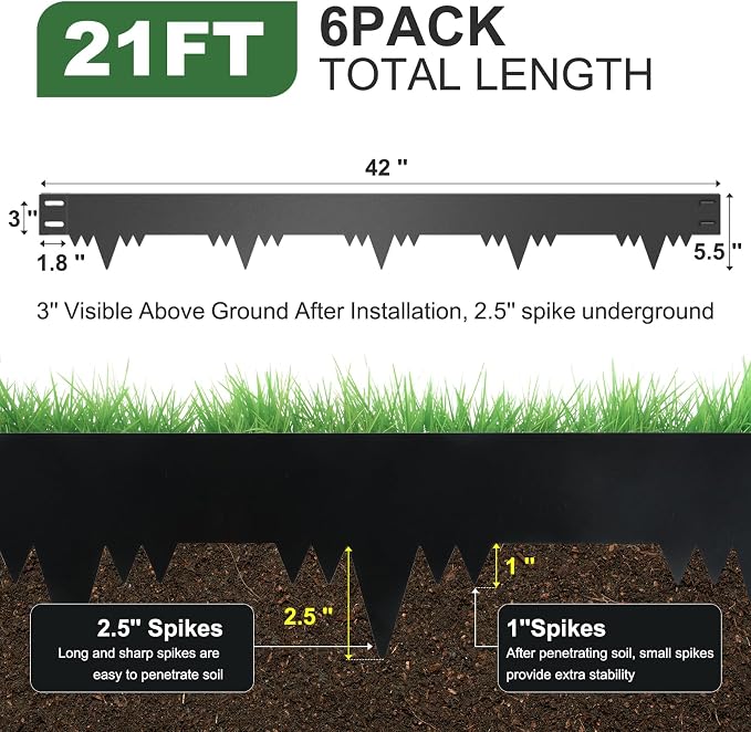 Metal Landscape Edging Border 6 Packs 42'' L x 5.5'' H, Pre-Rusted Steel Garden Edging Border with 6 Stakes, Hammer-in Lawn Edging for Landscaping, Flower Bed, Yard, Pathway, Tree Ring (21ft Total)