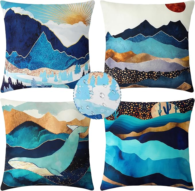 Premillow Outdoor Pillow Covers 18x18 Inch Set of 4, Sunset Blue Hill Decor Throw Pillow Covers Outside Waterproof Pillow for Patio Furniture Bench Chair Couch Sofa