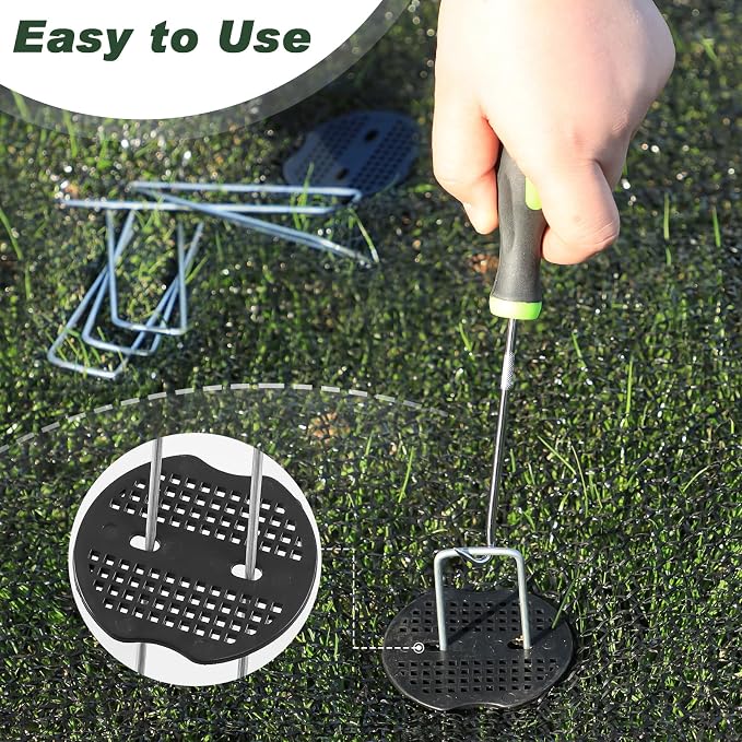 FEED GARDEN Landscape Staples 6 Inch 50 Pack Kit, Heavy Duty 11 Gauge Hot-Dip Galvanized Garden Stakes with 50 Gaskets & 1 Pick Hook for Weed Barrier, Landscape Fabric, Sod, Turf & Garden Edging