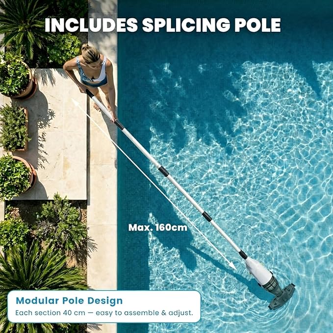 Cordless Handheld Pool Vacuum for Above Ground Pool, Pool Cleaner with 18 GPM & 60-90 Mins, 7.2 FT Section Pole Ideal for Leaves Dirt Sand, Hot Tub Spa Above Ground Pools In-ground Pools, Off-White