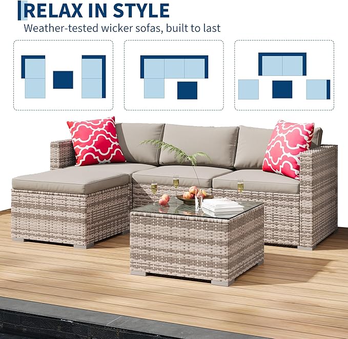 GAOMON 5-Piece All-Weather Patio Furniture Set, Convertible Outdoor Sectional Sofa with Ottoman & Tempered Glass Table, PE Rattan Conversation Set for Garden, Backyard, Porch, Poolside