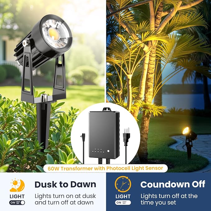 All-in-One Outdoor Low Voltage Landscape Lighting Kit, LED Landscape Spot Lights with 60W Transformer and 65FT Wire, Waterproof Outside Spotlights for Yard, Garden, Tree, Pathway, House, 3000K, 12Pack