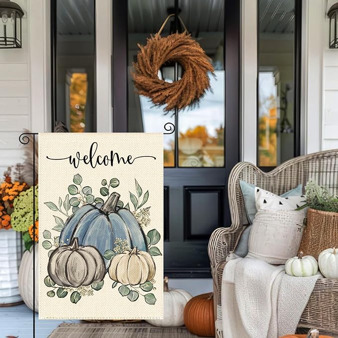 Fall Thanksgiving Harvest Blue Pumpkin Garden Flag 12 x 18 Inch, Autumn Grateful Burlap Double Sided Welcome Small Flag Yard House Farmhouse Seasonal Holiday Patio Outside Decoration