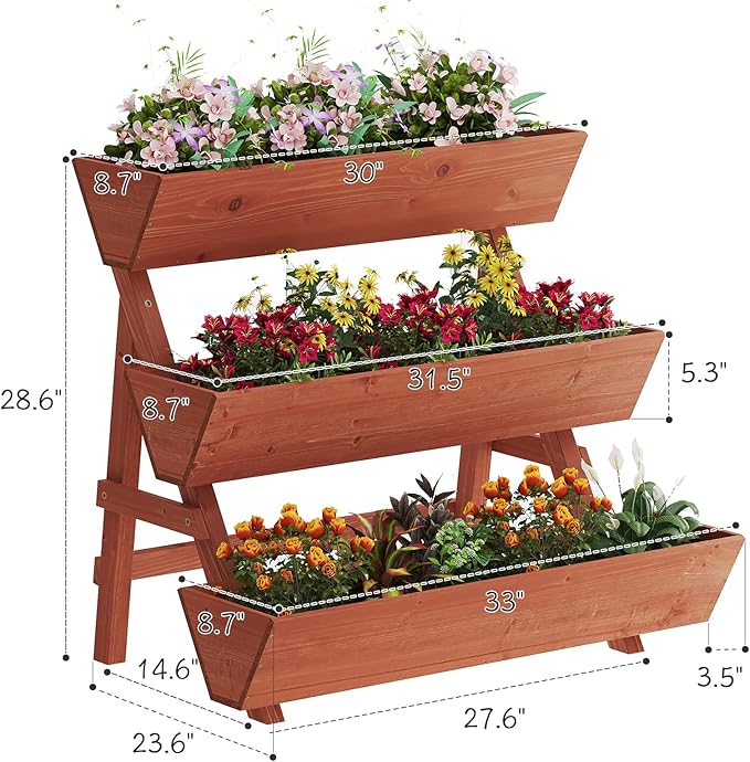 Kitsanery 3-Tiers Wooden Raised Garden Bed,Wood Planter Box for Vegetable,Flower Rack,Flower Pot Stands,Indoor Outdoor Gardening Planting Beds (Brick red, Large)